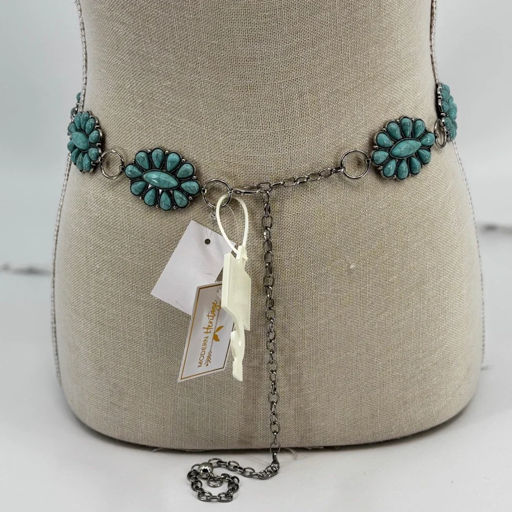Modern Heritage Chain Belt Women S/M Turquoise Silver Western Concho Floral Boho